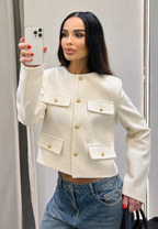 Kurze Tweedjacke für Damen mit Rundhalsausschnitt und Taschen – Susie