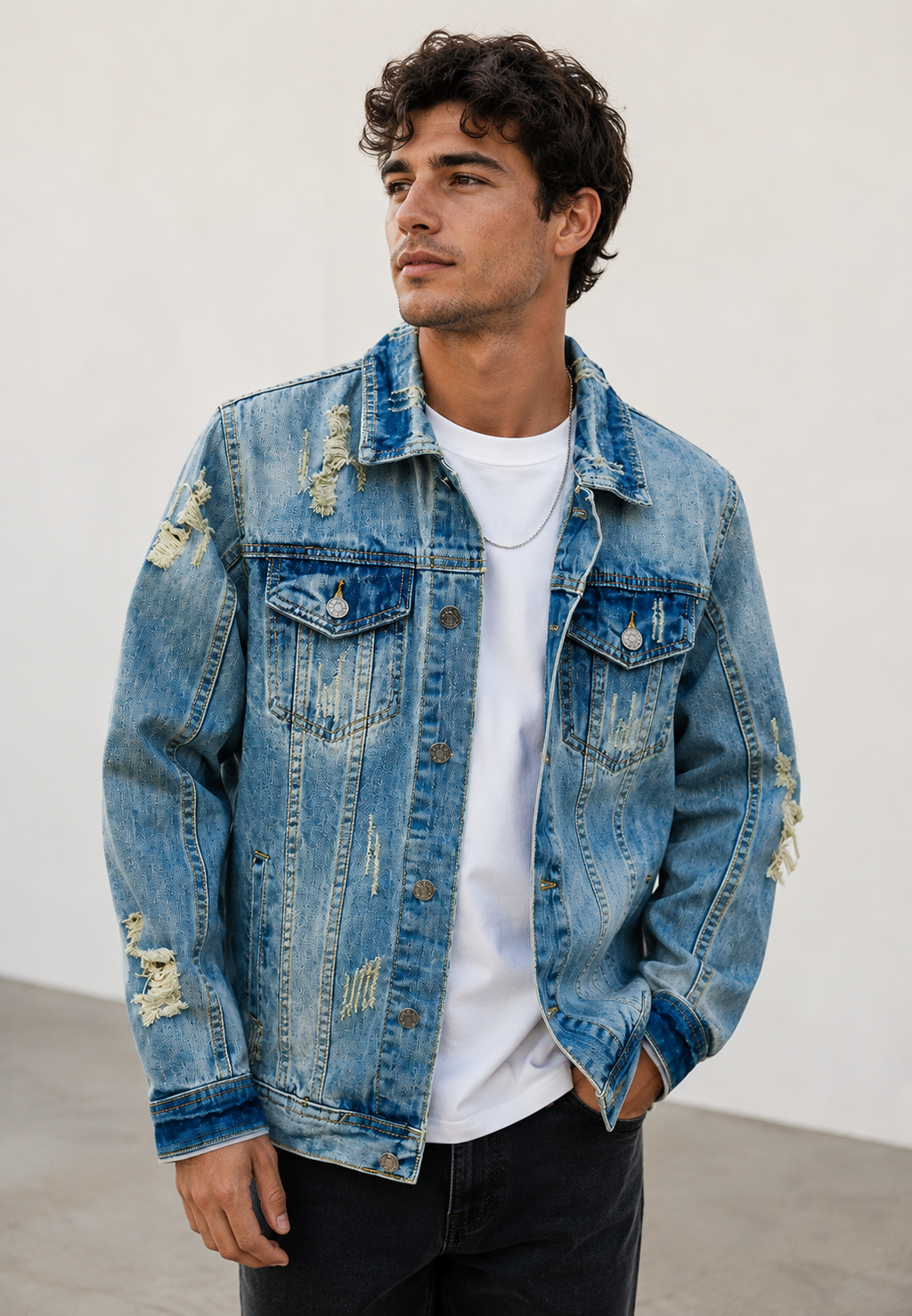 Herren-Jeansjacke in Slim-Fit-Passform mit Rissen und Wasch-Effekt – Levon