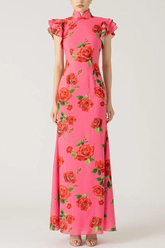 Elena - Robe longue à manches évasées et imprimé floral rose