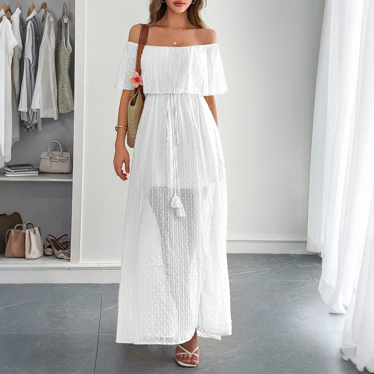 Langes Damen Kleid Plumeti Chiffon Bardot Ausschnitt - Julieta