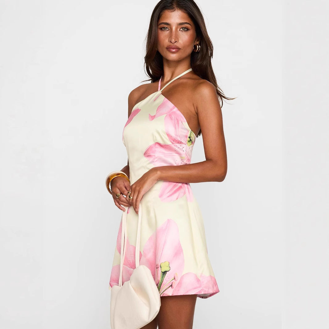 Kurzes Kleid mit Blumendruck und Neckholder-Ausschnitt für Frauen - Martina
