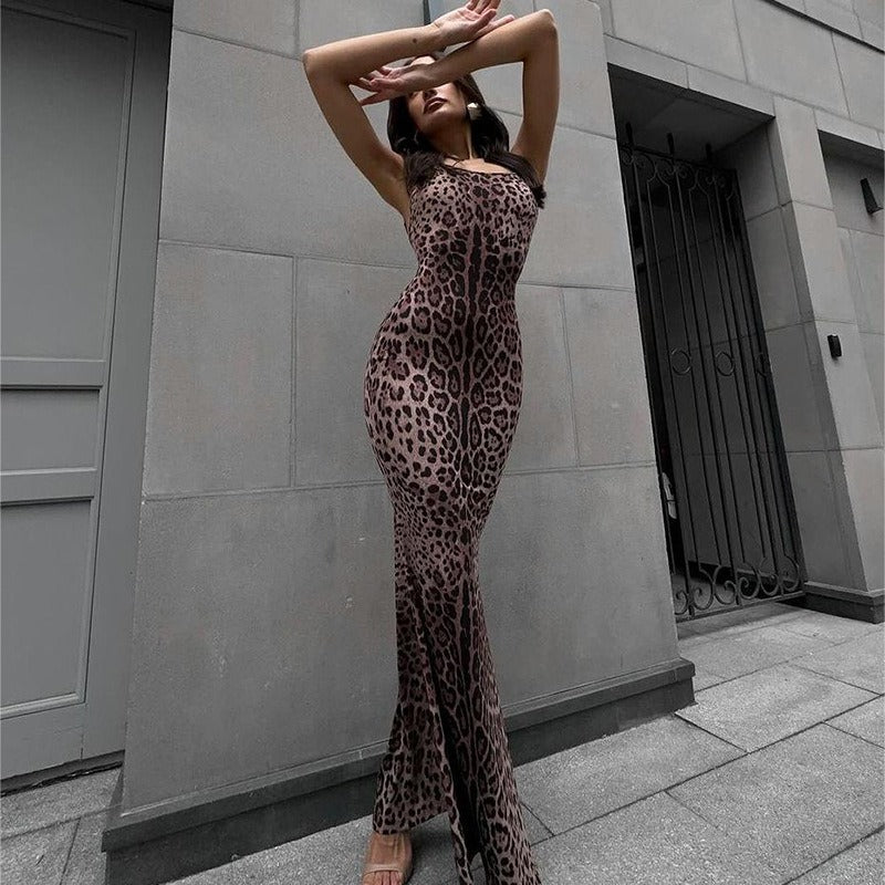 Langes Kleid mit Tiermotiven, tailliert - Fabiana