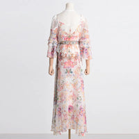 Robe Féérique à Col V - Cintrée avec Motif Floral