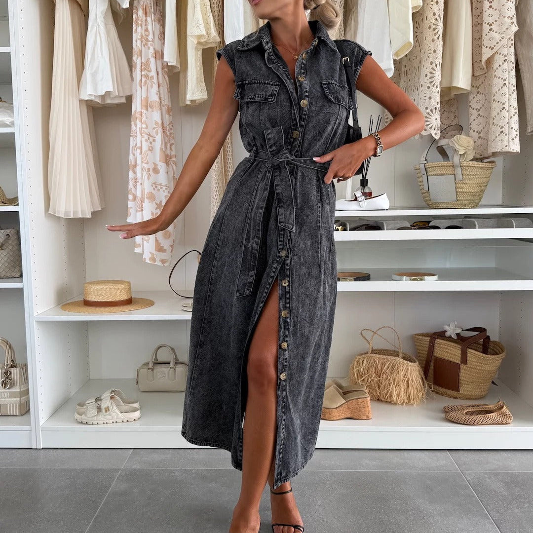 Damen Midikleid Denim ärmellos mit Knöpfen und Gürtel - Estelle
