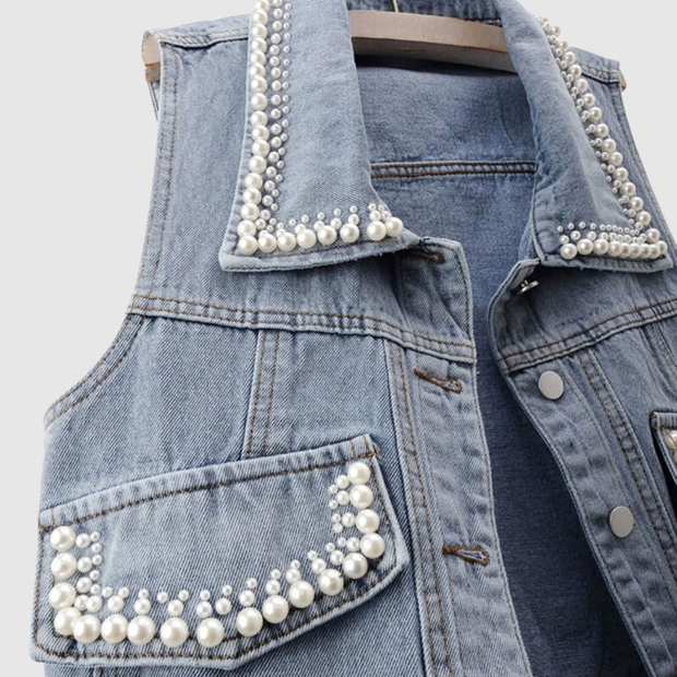 Lexy - Cardigan en denim enveloppé avec perles