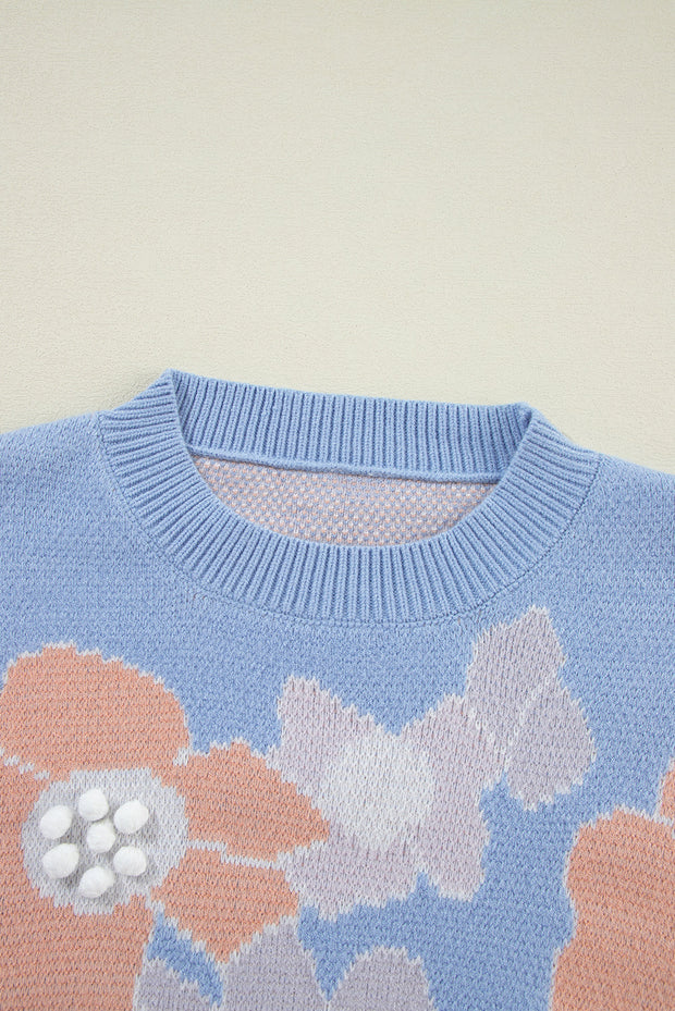 Blanche - Blauer Strickpullover mit Rundhalsausschnitt und Blumenmuster mit hängenden Schultern