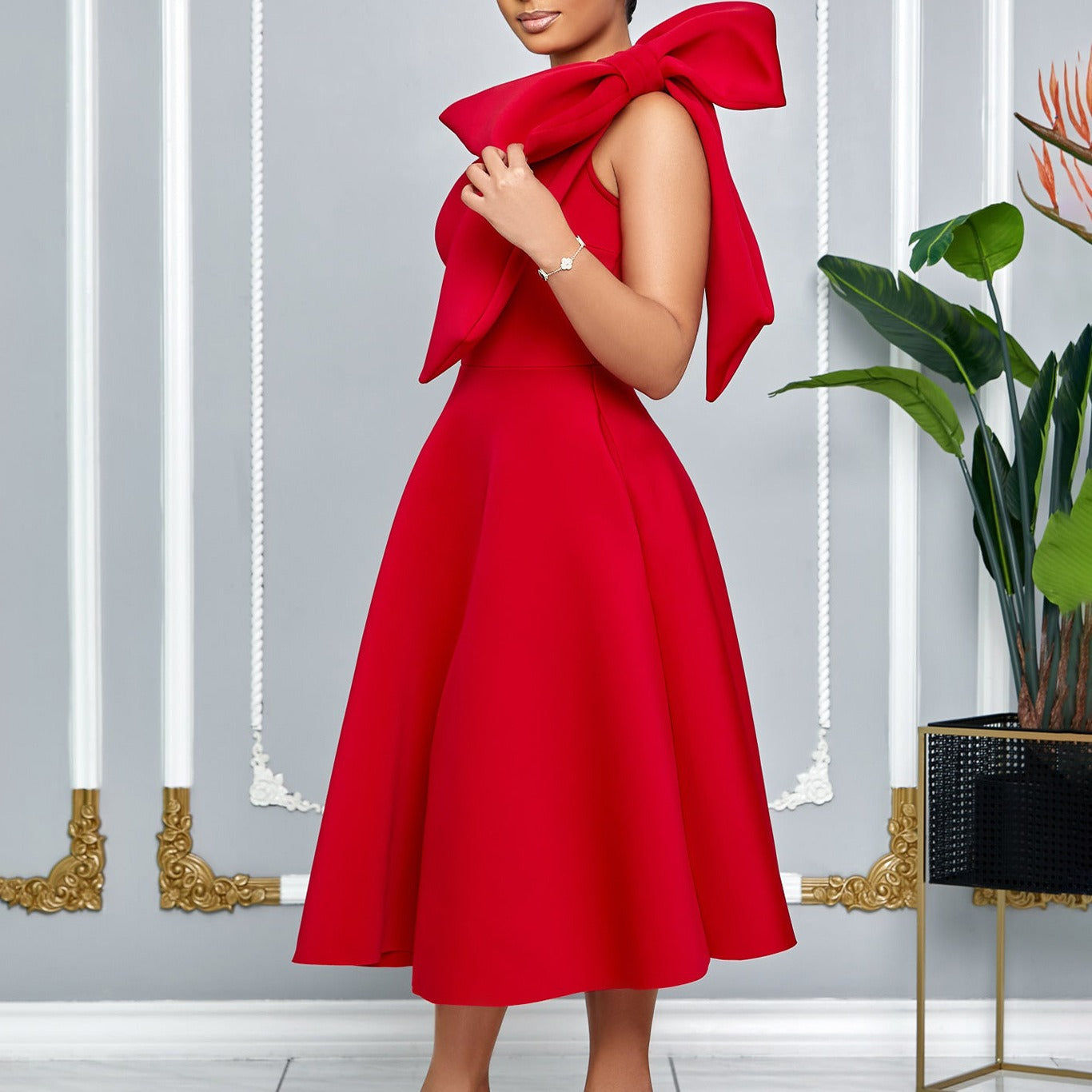 Damen Midikleid mit eleganter Schleife an einer Schulter - Mireya