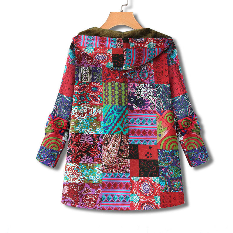 Damenmantel mit Kapuze und Retro-Thermodruck - Luny