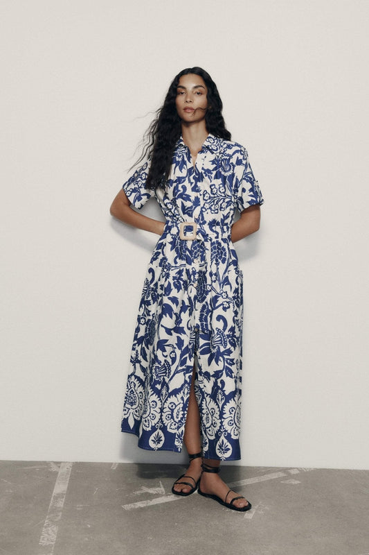 Lorry - Robe-chemise midi imprimée avec ceinture