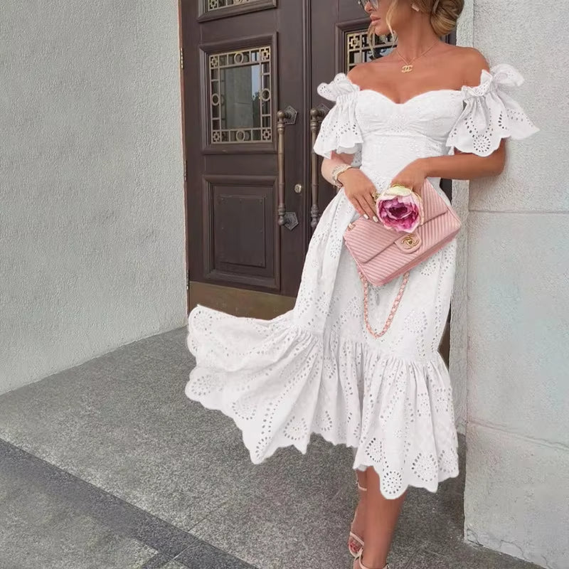 Schulterfreies Midikleid mit romantischer rosa Spitze - Eloïse