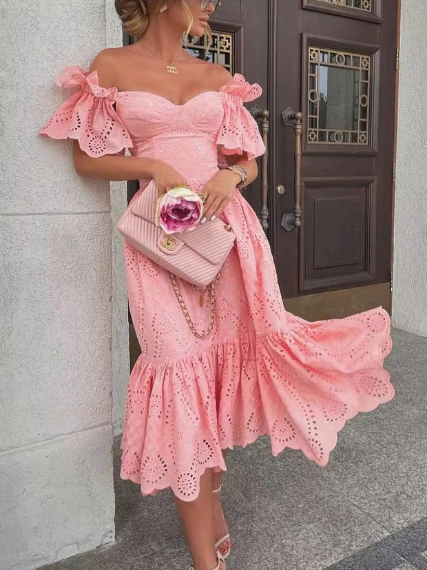 Schulterfreies Midikleid mit romantischer rosa Spitze - Eloïse