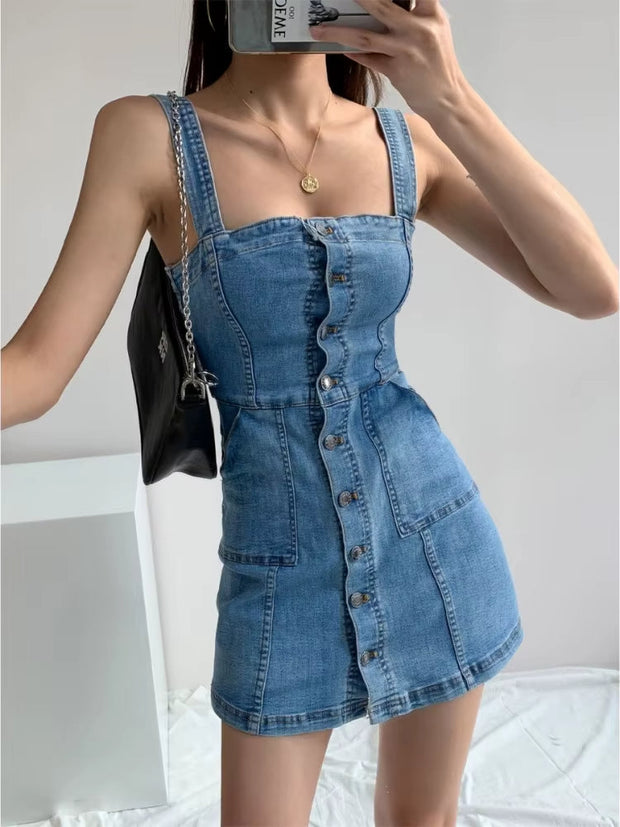 Kurzes Jeanskleid für Frauen mit lässigen Trägern - Lía
