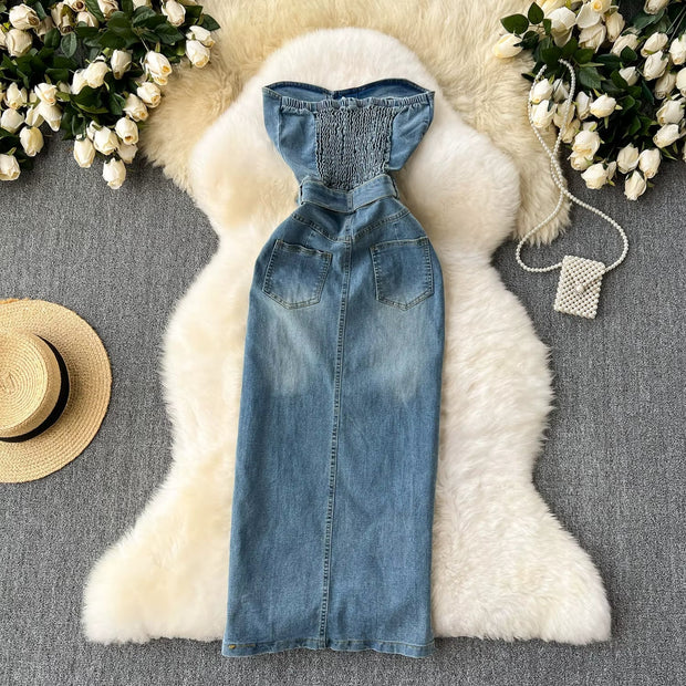 Trägerloses Kleid aus Denim mit Gürtel im Western-Stil - Dakota