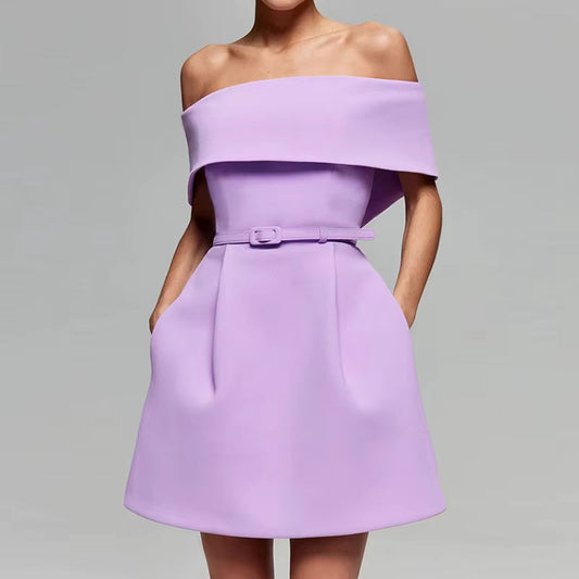 Robe courte pour femme avec encolure bardot plissée lilas élégant - Liora