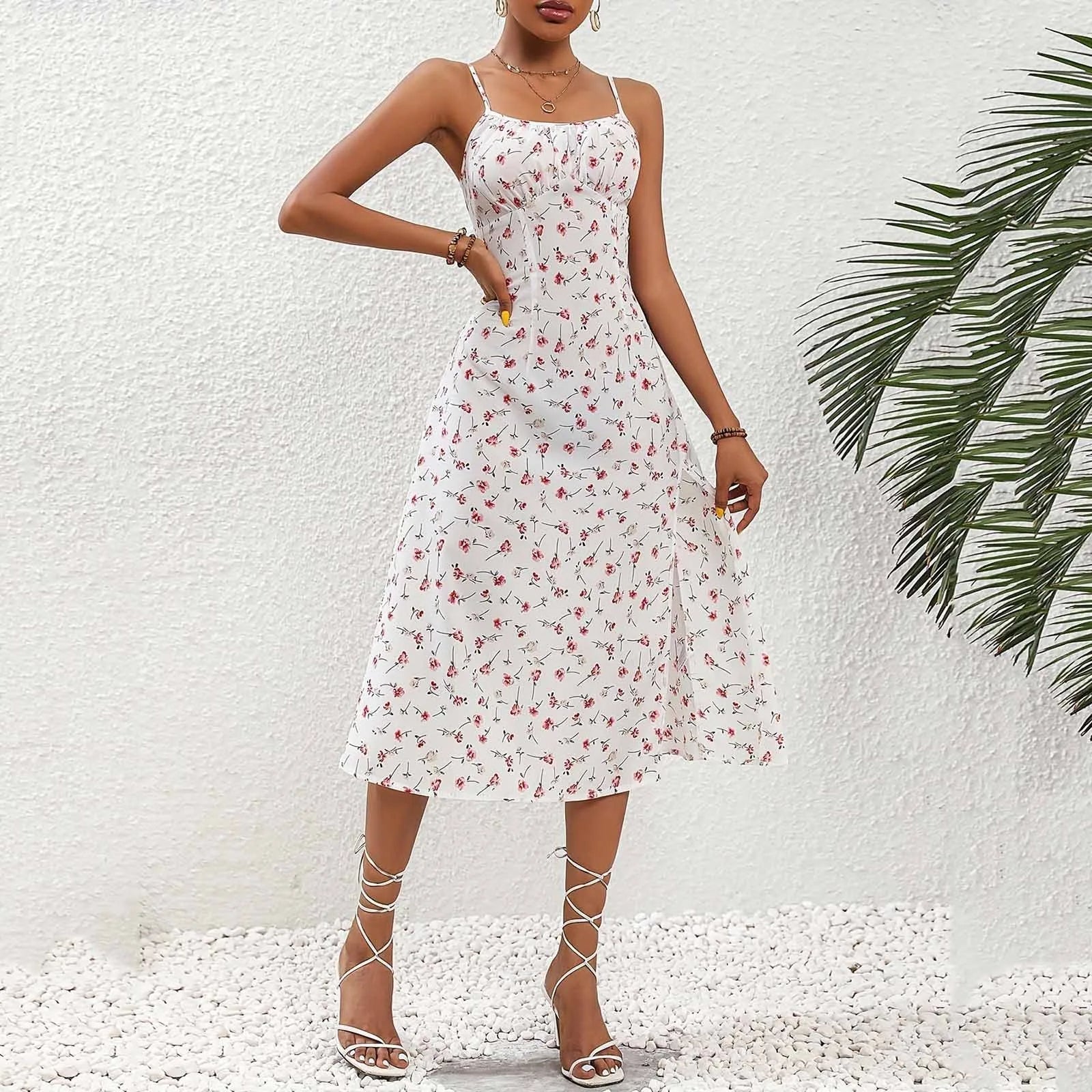 Midikleid mit roten Tupfen-Trägern und Schlitz - Fiorella