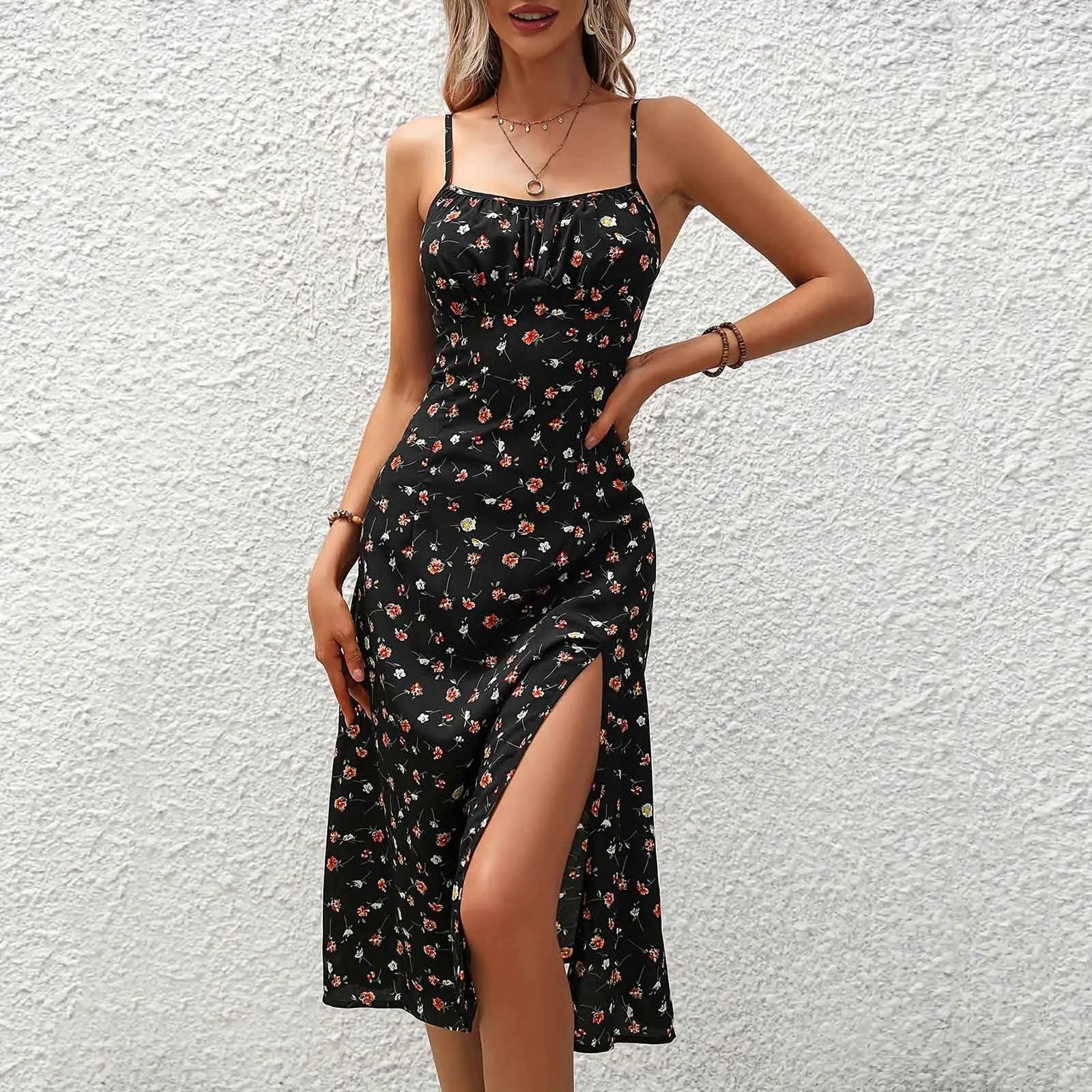 Midikleid mit roten Tupfen-Trägern und Schlitz - Fiorella