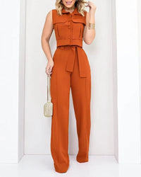 Ensemble pantalon large et haut boutonné sans manches pour femme - Isadora