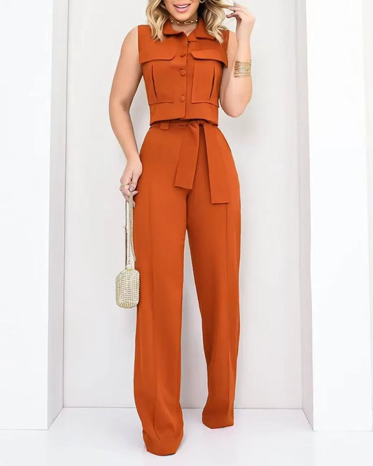 Ensemble pantalon large et haut boutonné sans manches pour femme - Isadora