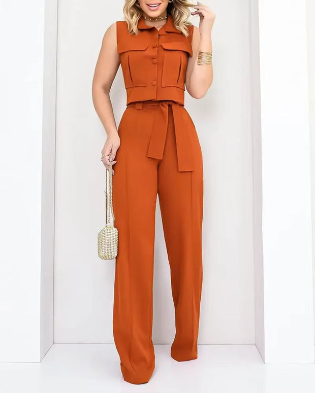 Ensemble pantalon large et haut boutonné sans manches pour femme - Isadora