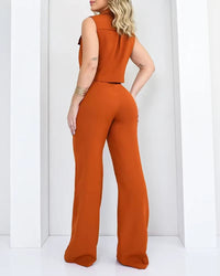 Ensemble pantalon large et haut boutonné sans manches pour femme - Isadora