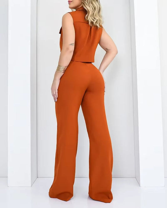 Ensemble pantalon large et haut boutonné sans manches pour femme - Isadora
