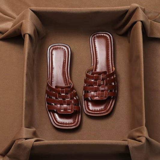 Sandales en cuir synthétique pour femmes, modèle plat tressé - Renata