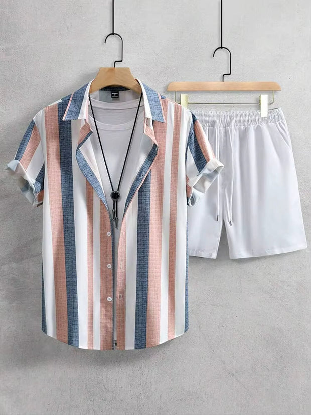 Ensemble d'été homme chemise rayée, short blanc décontracté - Elio