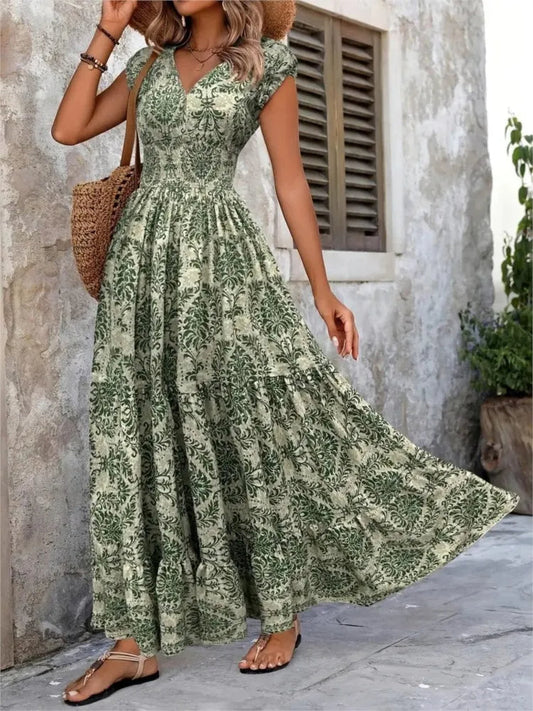 Robe longue femme imprimé bohème décolleté V vert - Natalia