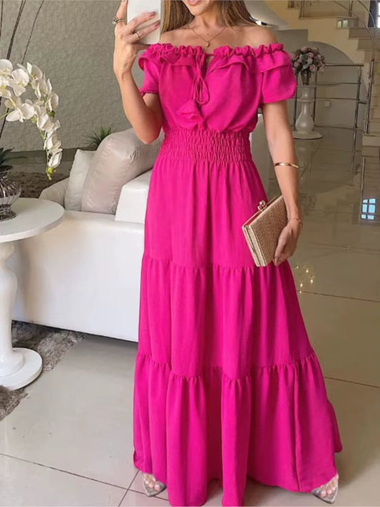 Robe longue à épaules dénudées et volants fuchsia - Malena