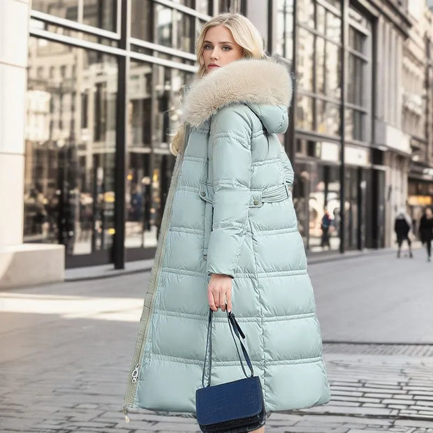 Bonnie - Manteau d'hiver long avec capuche en fourrure et ceinture pour femme