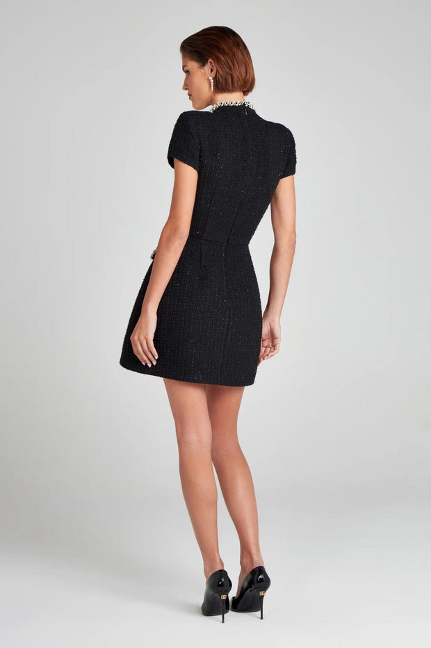 Kurzes Tweedkleid für Damen mit weißen Retro-Perlen - Clarisse