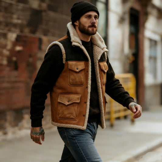 Vintage-Weste mit Color-Block-Design und Lammfellfutter – Émeric