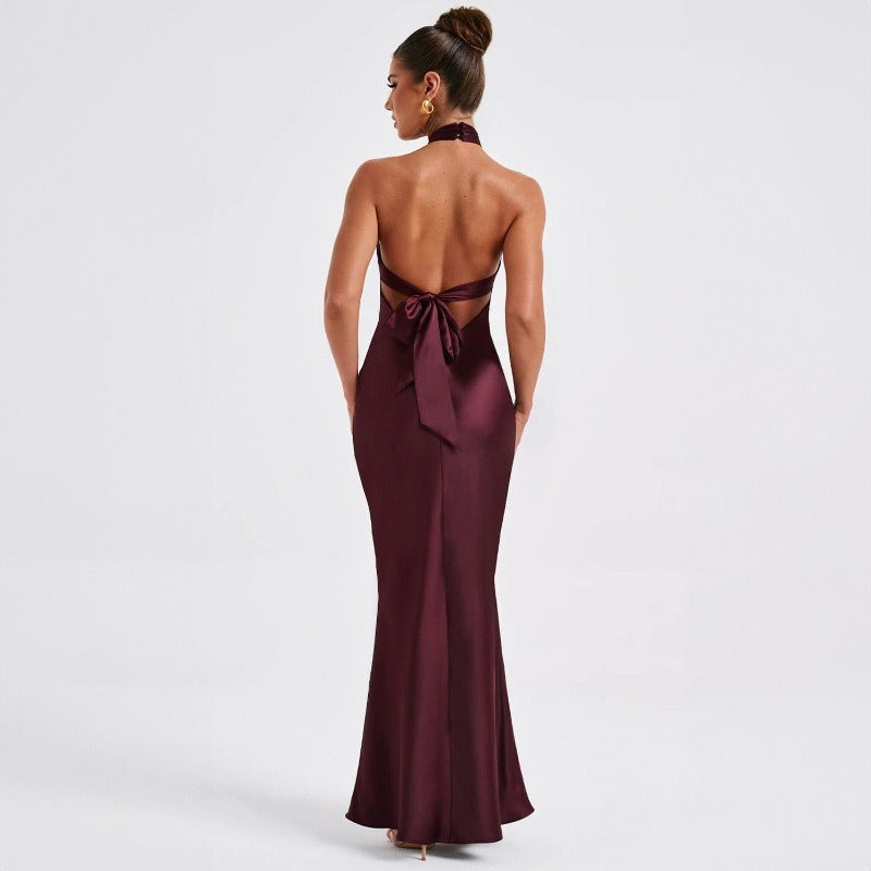 Langes Satin-Crossover-Kleid mit Neckholder-Ausschnitt - Elvira