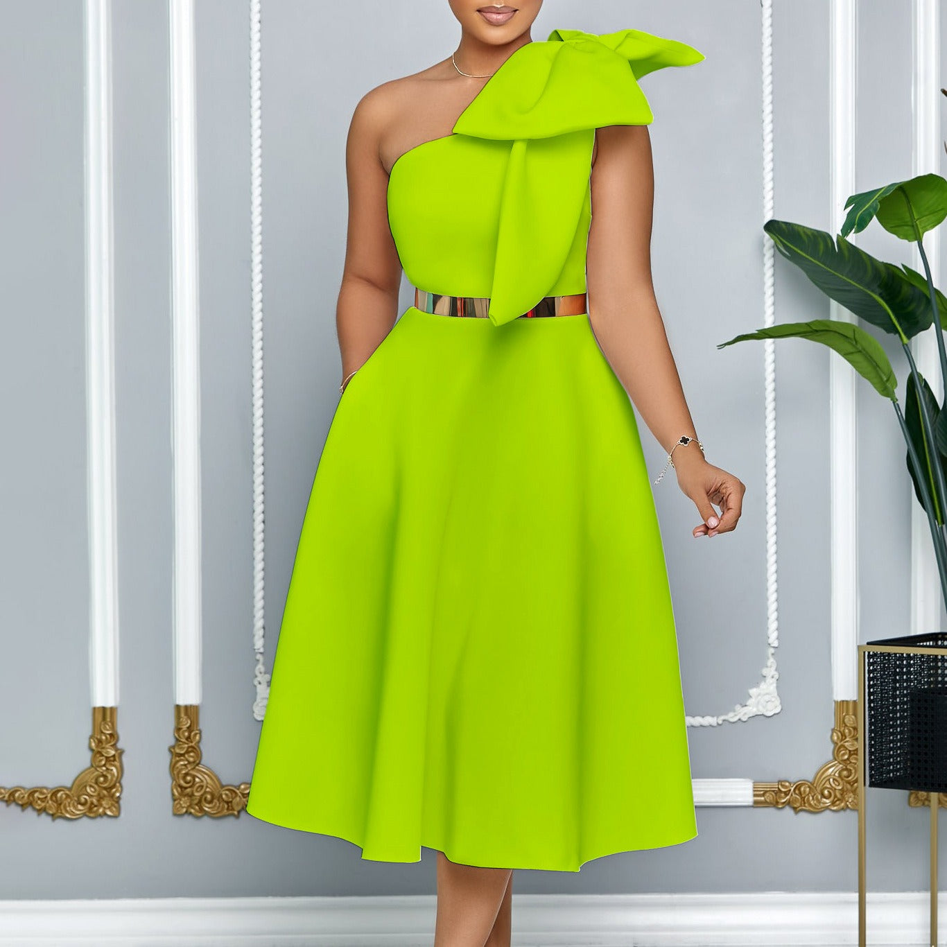 Damen Midikleid mit eleganter Schleife an einer Schulter - Mireya