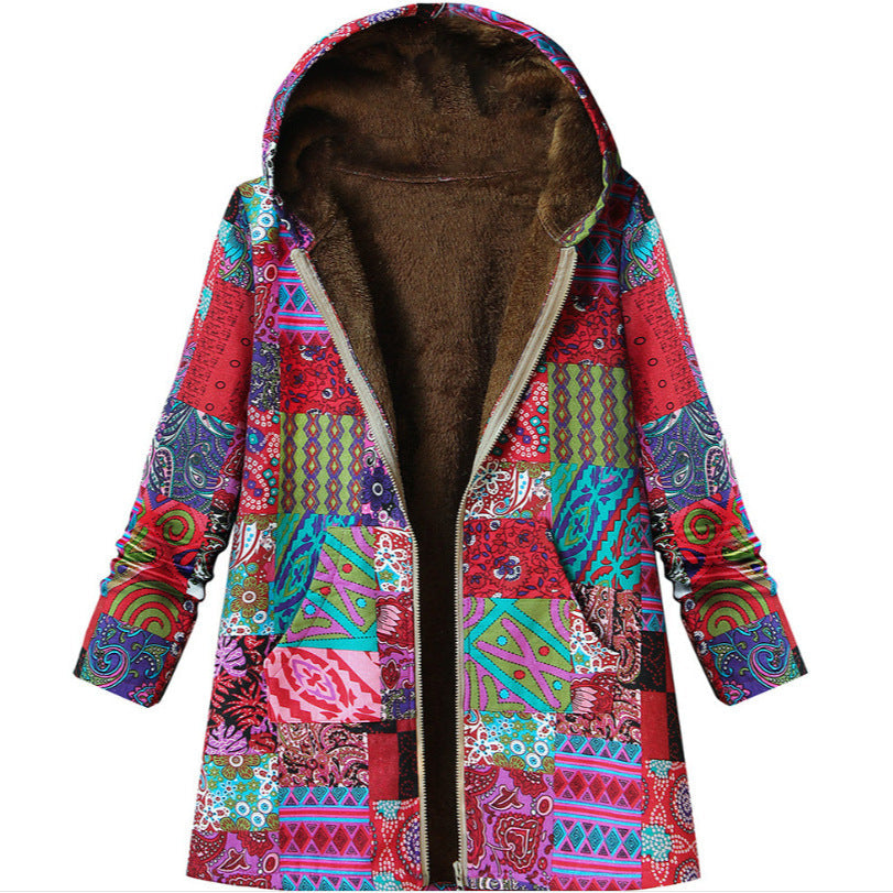 Damenmantel mit Kapuze und Retro-Thermodruck - Luny