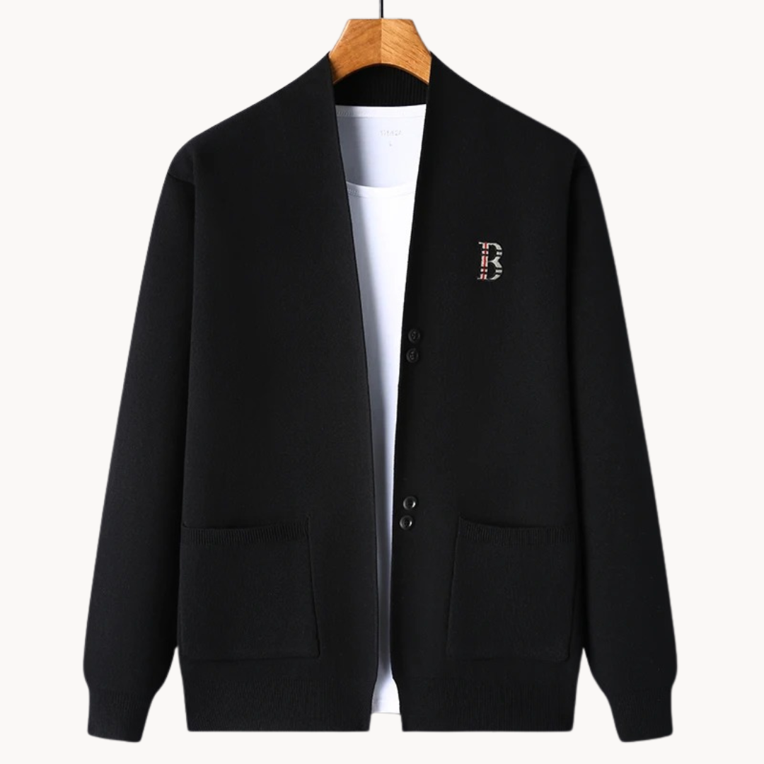 Gerade geschnittene Herrenstrickjacke mit breitem Kragen - Einar