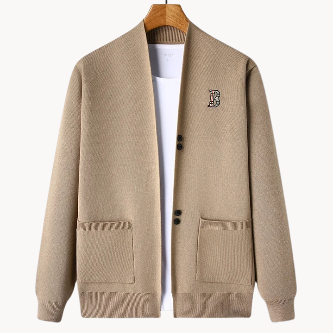 Gerade geschnittene Herrenstrickjacke mit breitem Kragen - Einar