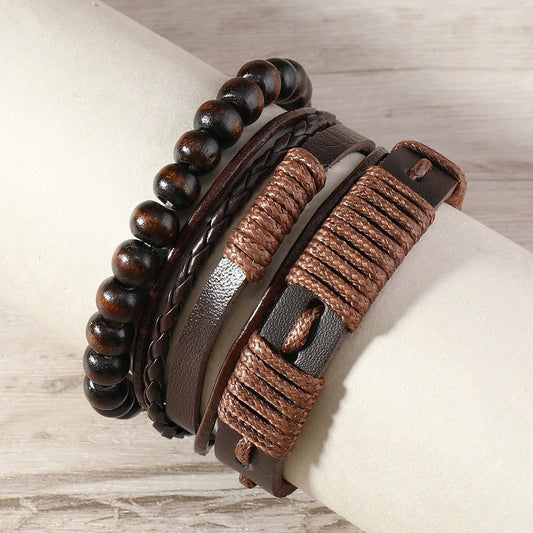 Bracelet homme corde cirée et cuir design tribal 3 pièces - Terrakai