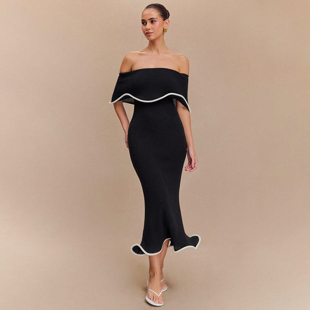 Robe longue pour femme avec encolure bardot et volants de style sirène - Camila