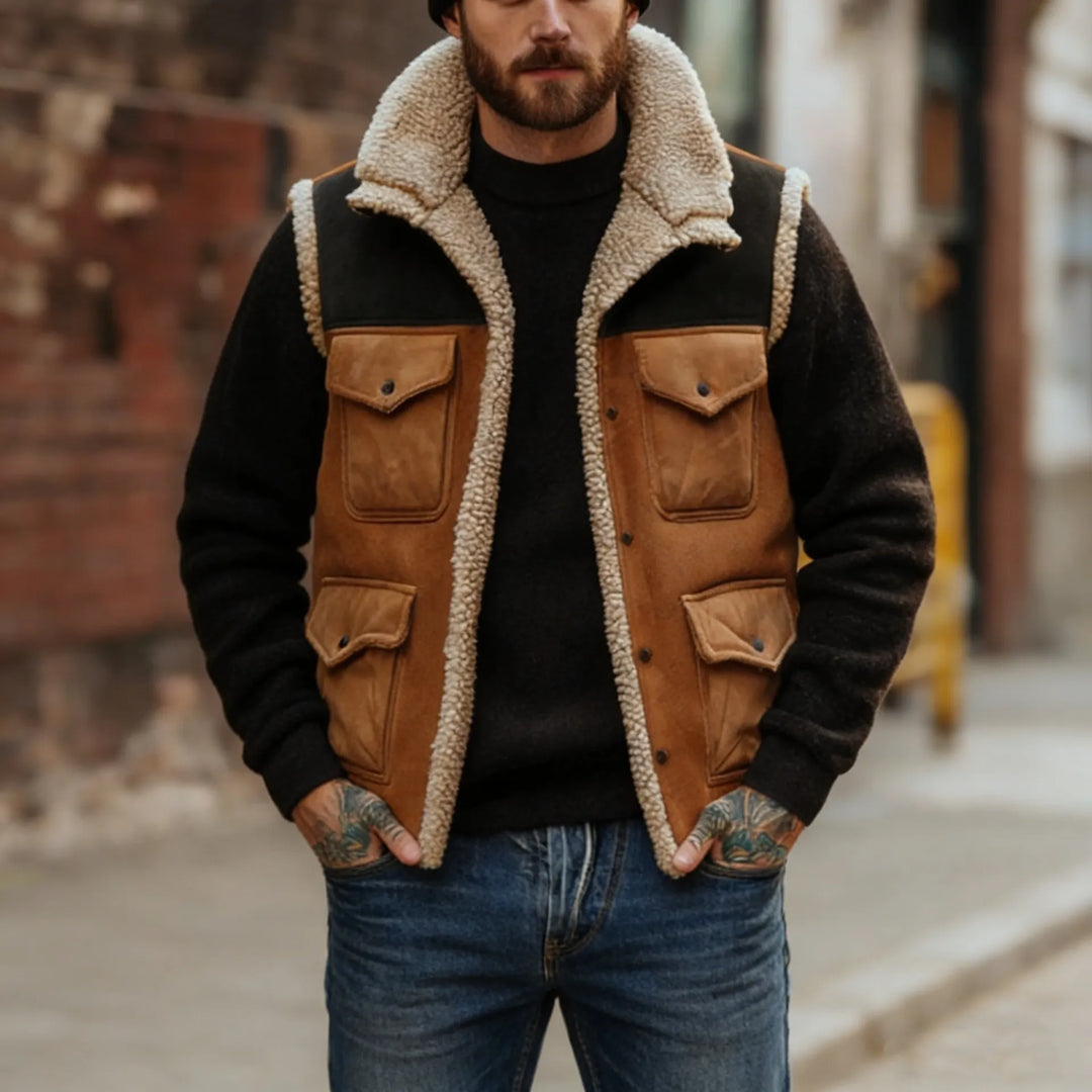 Vintage-Weste mit Color-Block-Design und Lammfellfutter – Émeric