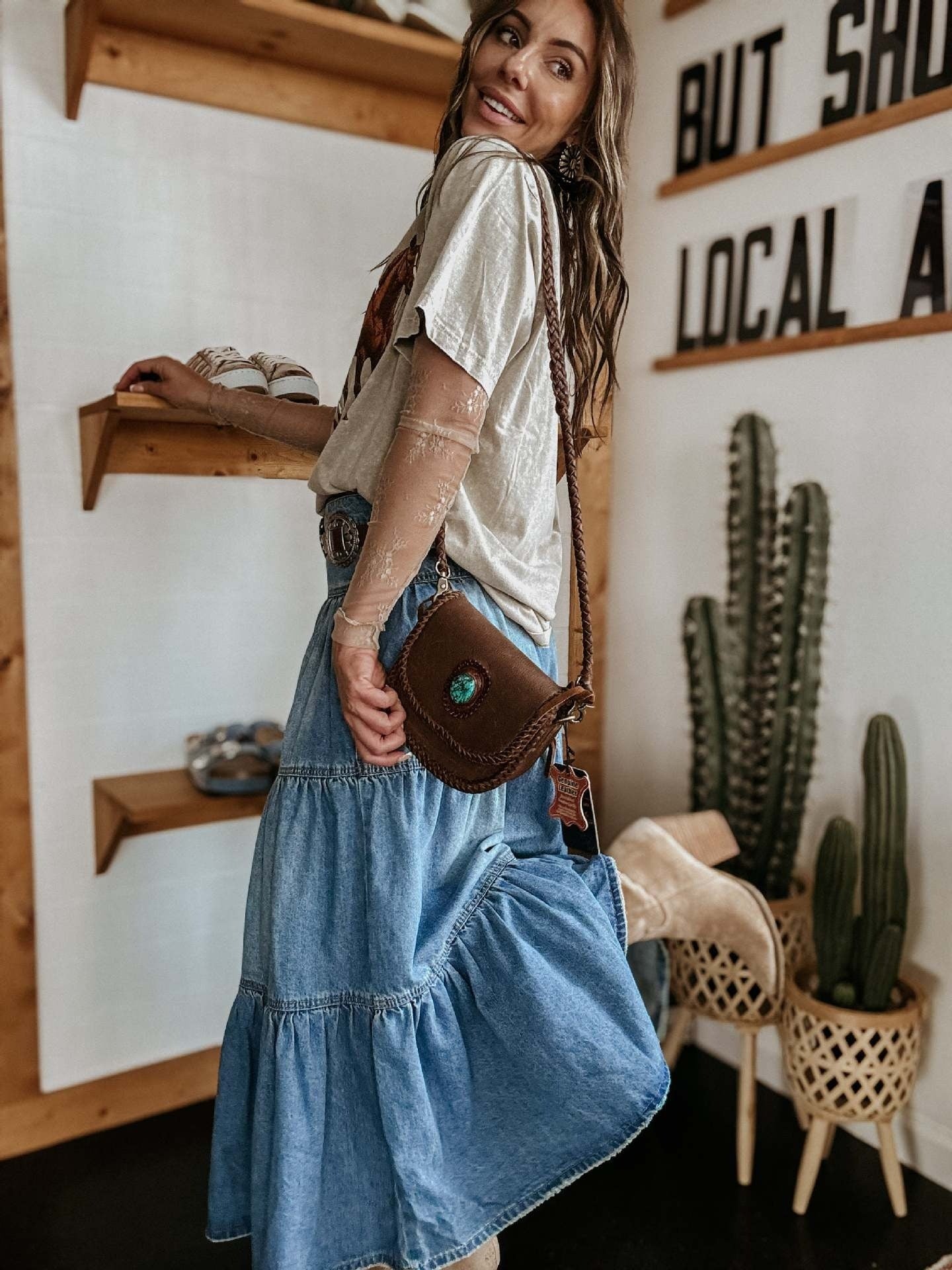 Langer Jeansrock mit Rüschen im Bohème-Stil für Frauen - Alaya