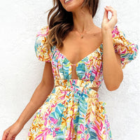 Robe courte à imprimé floral et encolure froncée - Valeria