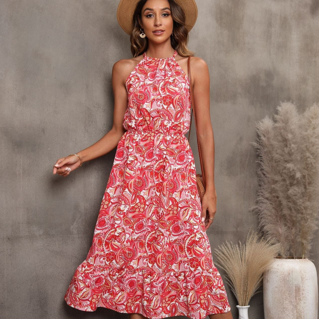 Ärmelloses Midikleid mit Blumendruck und Neckholder - Mariela