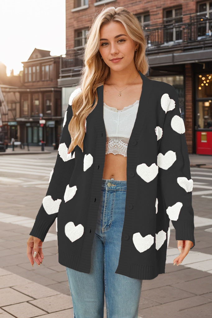 Damen Strickjacke Herzmotiv Knopfleiste locker - Ailith