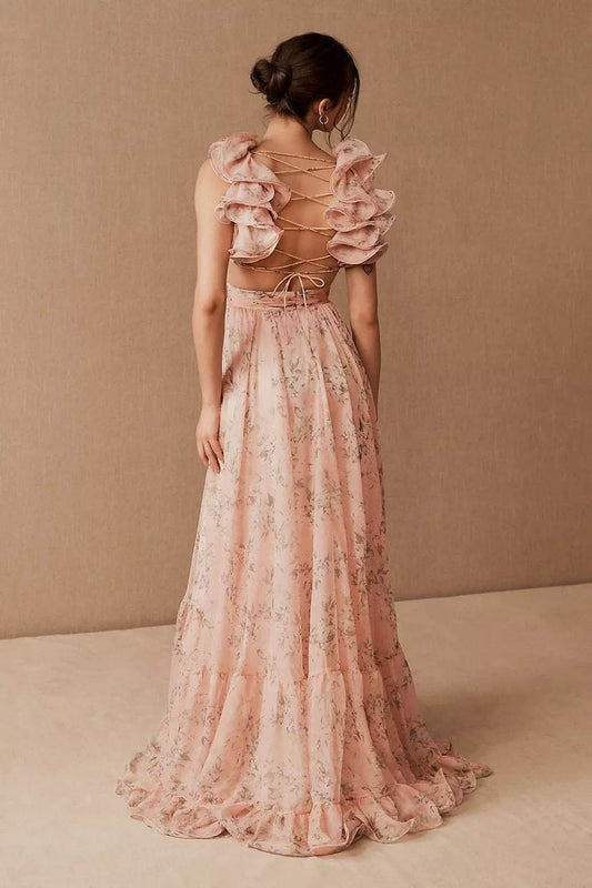 Gina Maxi-robe en mousseline de soie imprimée avec volants et lacets