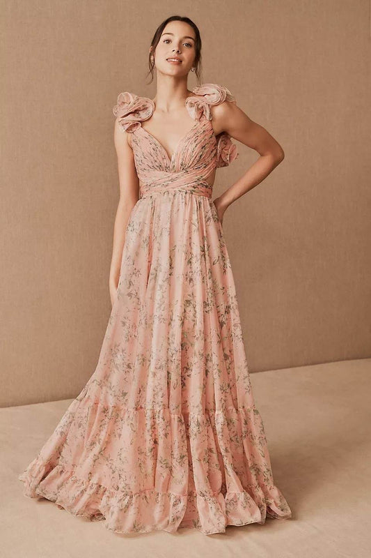 Gina Maxi-robe en mousseline de soie imprimée avec volants et lacets