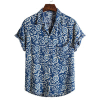 Chemise élégante à manches courtes pour hommes en coton bleu avec impression vintage
