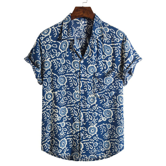 Chemise élégante à manches courtes pour hommes en coton bleu avec impression vintage