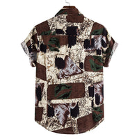 Chemise vintage imprimée à manches courtes pour hommes en coton et lin