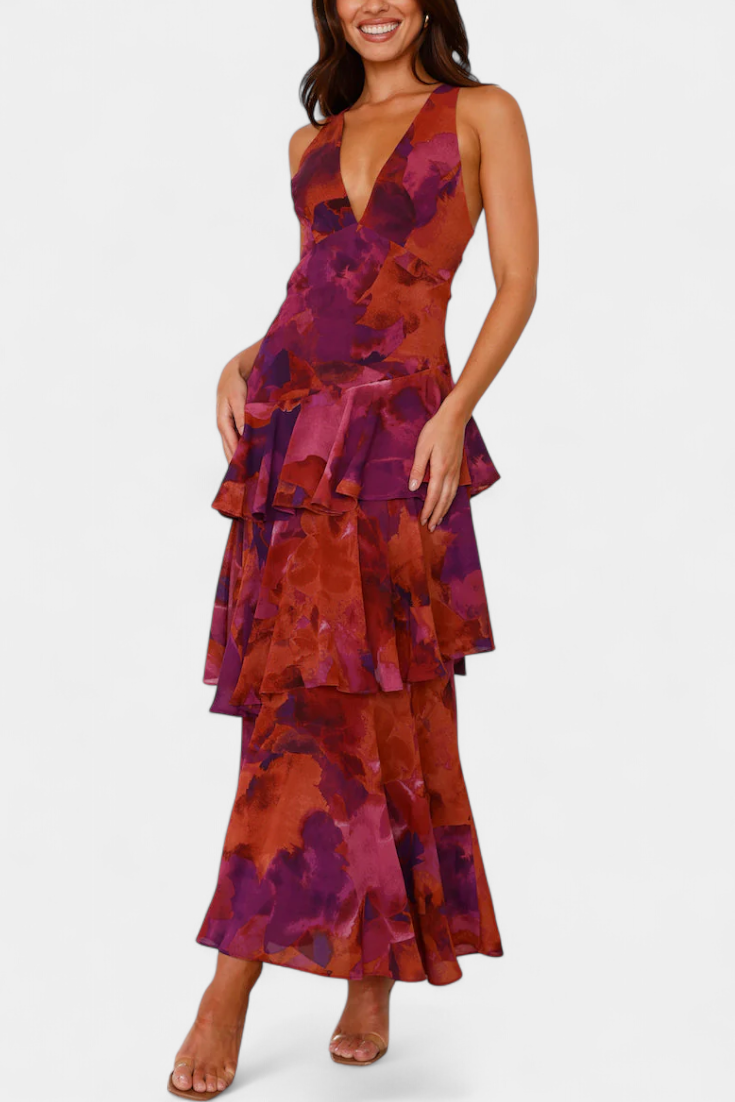 Langes Chiffonkleid mit V-Ausschnitt für Frauen - Domenica